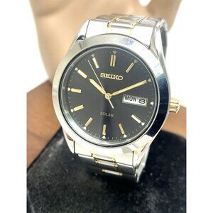 Seiko Men's Watch SNE047 Solar Black Dial Day Date Two Tone Stainless Steel 37mm